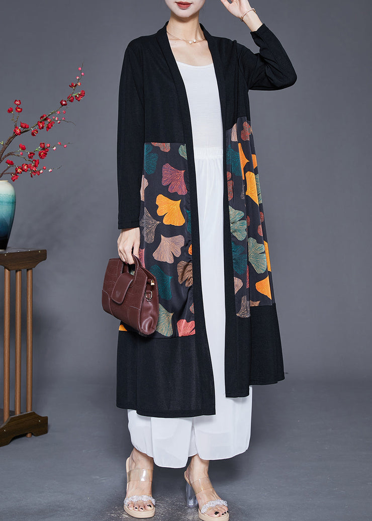 Art Black Oversized Patchwork Leaf Print Silk Cardigan Fall