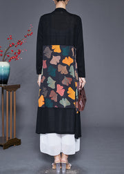 Art Black Oversized Patchwork Leaf Print Silk Cardigan Fall