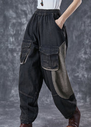 Art Black Oversized Patchwork Pockets Denim Pants Spring