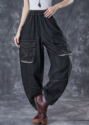 Art Black Oversized Patchwork Pockets Denim Pants Spring