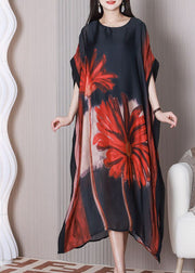 Art Black Oversized Print Silk Maxi Dress Batwing Sleeve