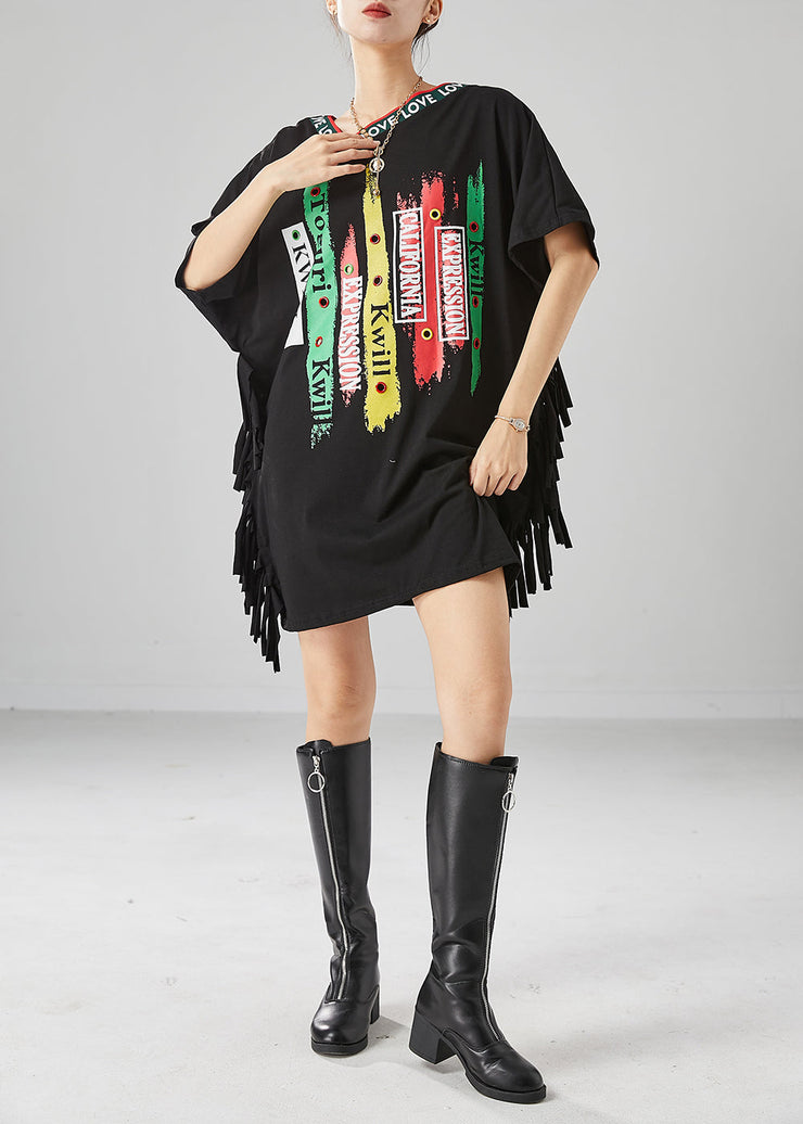 Art Black Oversized Print Tassel Cotton Tanks Batwing Sleeve