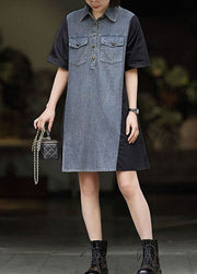 Art Black Peter Pan Collar Denim Patchwork Cotton Dresses Summer