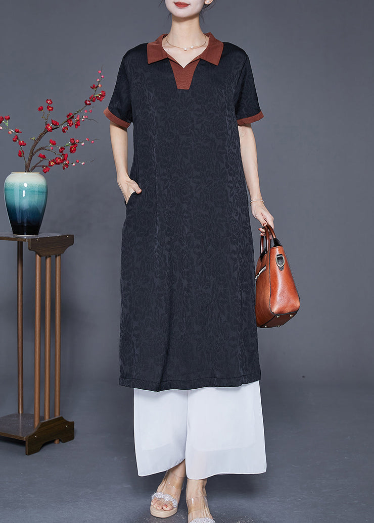 Art Black Peter Pan Collar Patchwork Silk Maxi Dresses Summer