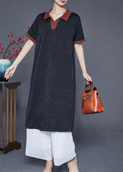 Art Black Peter Pan Collar Patchwork Silk Maxi Dresses Summer