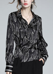 Art Black Peter Pan Collar Print Button Silk Shirts Long Sleeve