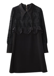 Art Black Peter Pan Collar Ruffled Lace Patchwork Mid Dress Top Fall