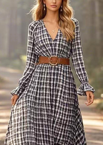 Art Black Plaid Exra Large Hem Cotton Tunic Dress Spring