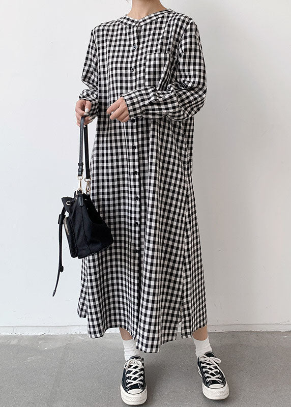 Art Black Plaid Wrinkled Patchwork Long Cotton Shirts Dresses Spring