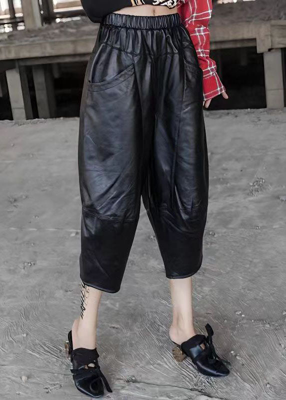 Art Black Pockets Elastic Waist Patchwork Faux Leather Crop Pants Fall