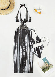 Art Black Print Halter Hollow Out Tulle Swimwear Slips Lingerie Sets
