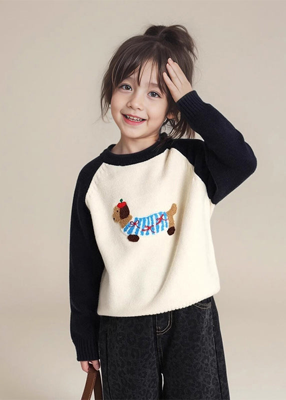 Art Black Print Thick Cotton Knit Kids Girls Sweater Spring