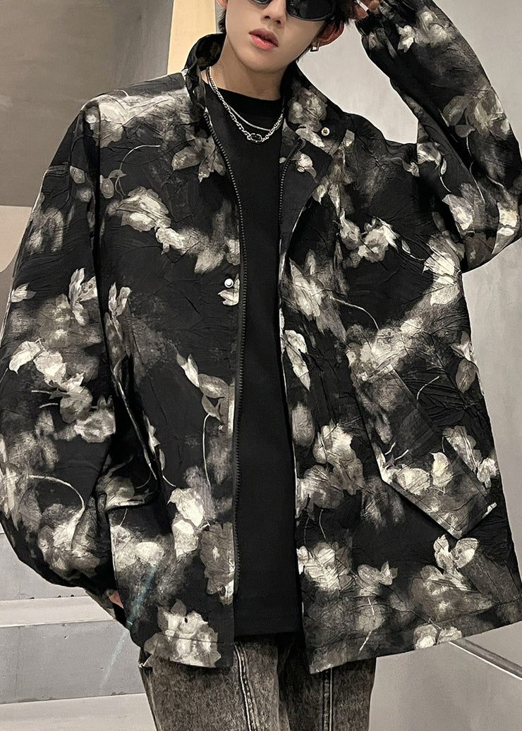 Art Black Print Zippered Pockets Men Coat Fall