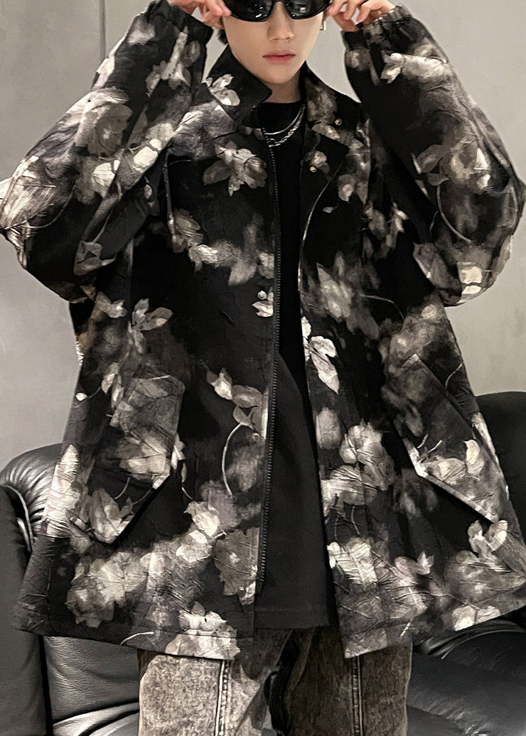 Art Black Print Zippered Pockets Men Coat Fall