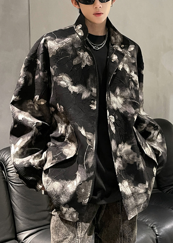 Art Black Print Zippered Pockets Men Coat Fall