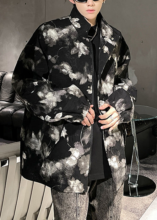 Art Black Print Zippered Pockets Men Coat Fall