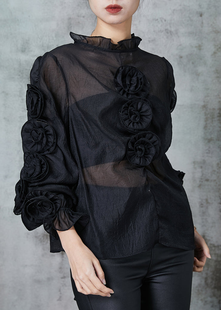 Art Black Ruffled Floral Chiffon Shirt Spring