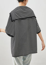 Art Black Sailor Collar Striped Cotton Top Half Sleeve