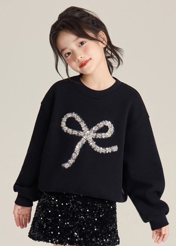 Art Black Sequins Bow Cotton Knit Girls Knit Sweaters Spring