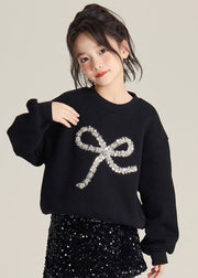 Art Black Sequins Bow Cotton Knit Girls Knit Sweaters Spring