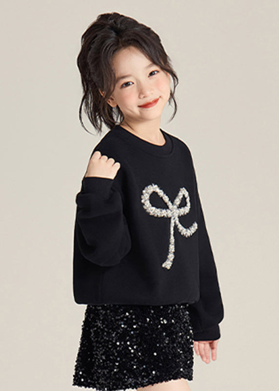 Art Black Sequins Bow Cotton Knit Girls Knit Sweaters Spring