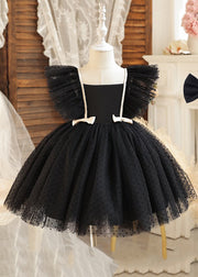 Art Black Square Collar Bow Tulle Kids Mid Dress Sleeveless