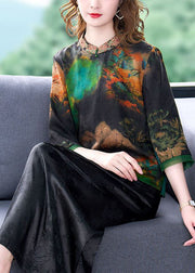 Art Black Stand Collar Embroideried Print Silk Shirt Bracelet Sleeve