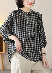 Art Black Stand Collar Plaid Button Linen Shirt Bracelet Sleeve