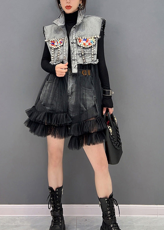 Art Black Stand Collar Tulle Patchwork Denim Mid Dress Long Sleeve