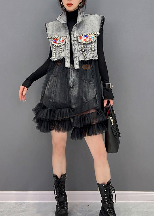 Art Black Stand Collar Tulle Patchwork Denim Mid Dress Long Sleeve