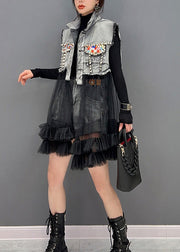 Art Black Stand Collar Tulle Patchwork Denim Mid Dress Long Sleeve