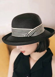 Art Black Striped Patchwork Straw Woven Floppy Sun Hat