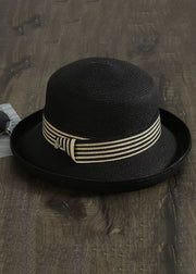 Art Black Striped Patchwork Straw Woven Floppy Sun Hat