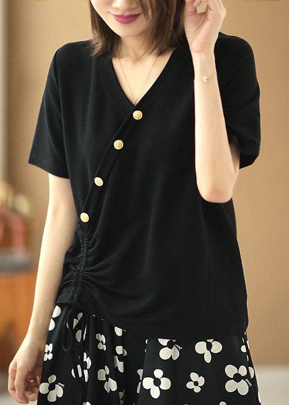 Art Black Striped V Neck Button Drawstring Cotton Tops Short Sleeve