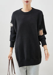 Art Black Tasseled Hollow Out Side Open Knit Top Winter