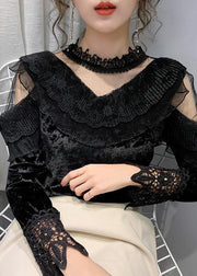 Art Black Turtleneck Velour Lace Patchwork Tulle Top Bottoming Shirt