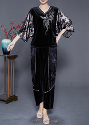 Art Black V Neck Patchwork Zircon Silk Velour Two Pieces Set Batwing Sleeve