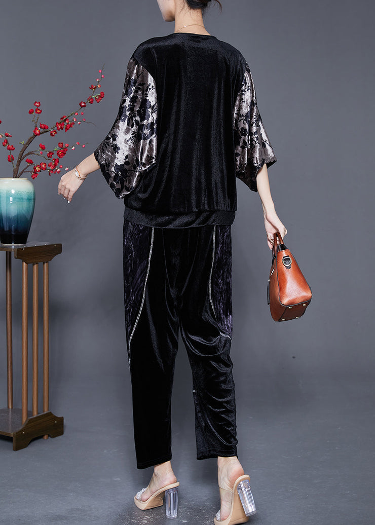 Art Black V Neck Patchwork Zircon Silk Velour Two Pieces Set Batwing Sleeve