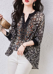 Art Black V Neck Print Patchwork Chiffon Shirts Top Long Sleeve