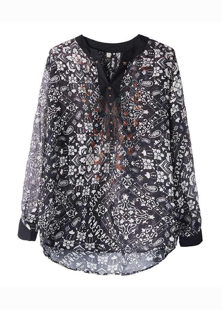 Art Black V Neck Print Patchwork Chiffon Shirts Top Long Sleeve