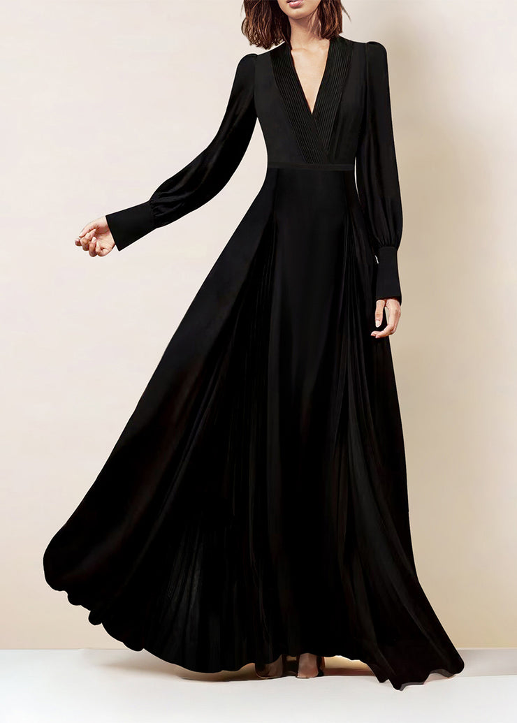 Art Black V Neck Slim Fit Silk Long Dress Spring