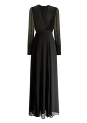 Art Black V Neck Slim Fit Silk Long Dress Spring