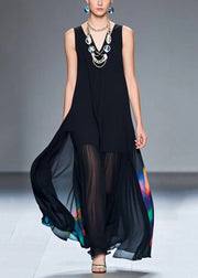 Art Black V Neck Tie Dye Chiffon A Line Dresses Summer