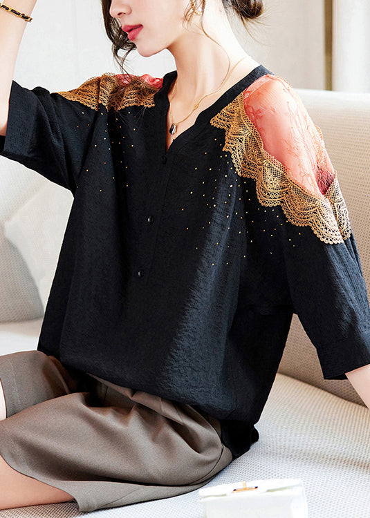 Art Black V Neck Zircon Lace Patchwork Cotton Blouses Half Sleeve