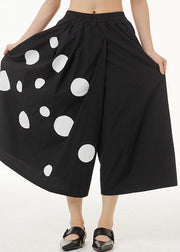 Art Black Wrinkled Dot Print Patchwork Cotton Wide Leg Pants Summer