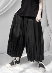 Art Black Wrinkled Elastic Waist Wide Leg Pants Summer