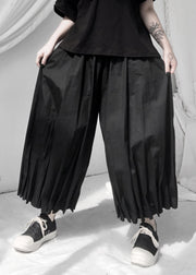 Art Black Wrinkled Elastic Waist Wide Leg Pants Summer