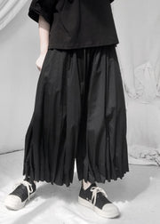 Art Black Wrinkled Elastic Waist Wide Leg Pants Summer