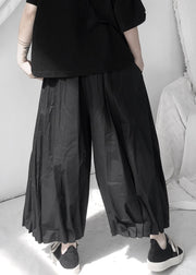 Art Black Wrinkled Elastic Waist Wide Leg Pants Summer