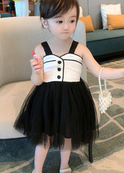 Art Black Wrinkled Patchwork Tulle Kids Girls Dress Sleeveless